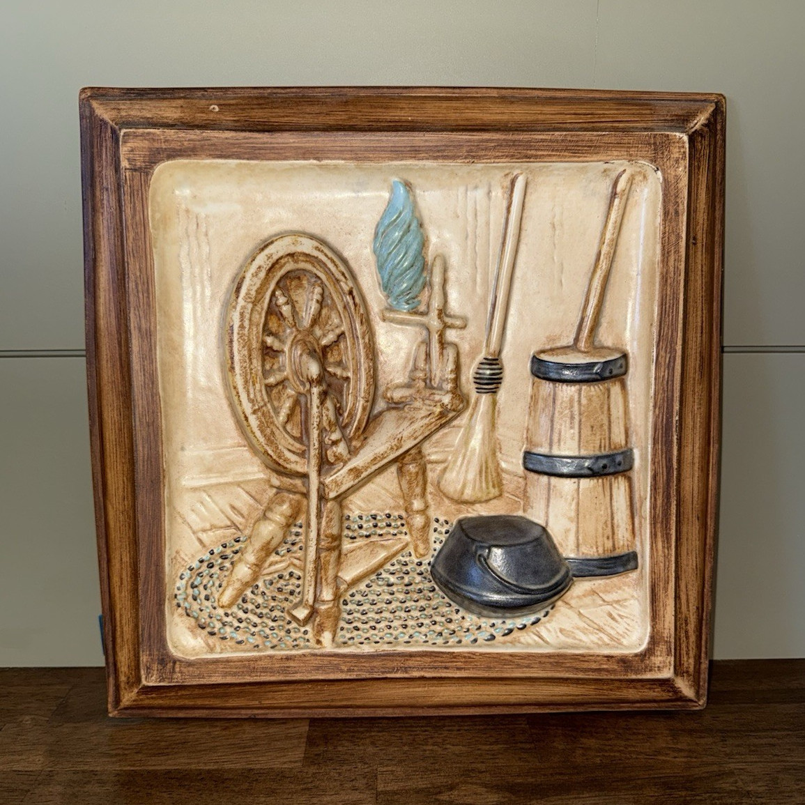 Vintage Americana 3D Ceramic Relief Wall Plaque Spinning Wheel Brown Beige