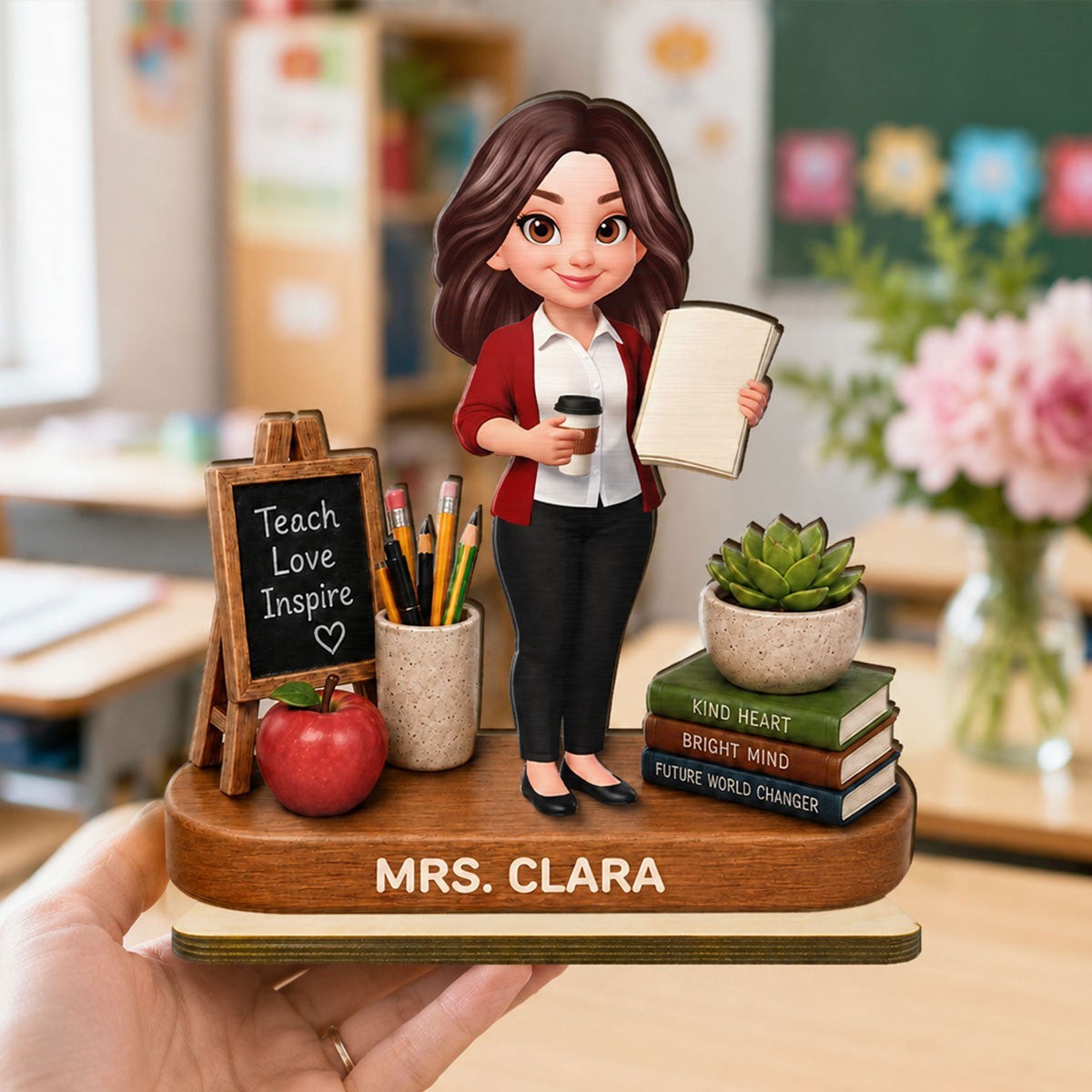Custom Photo Teacher Things Teach Love Inspire 2-Layer Wooden Block Gift