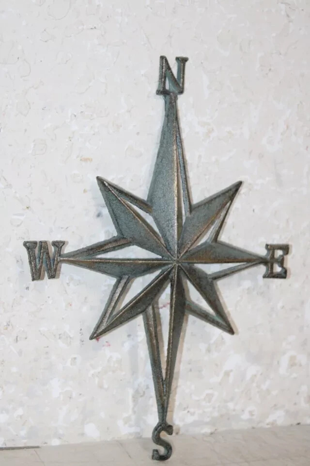 Metal Iron Nautical Rose Compass Star Directional Sailing Boat Wall Beach 14×10″