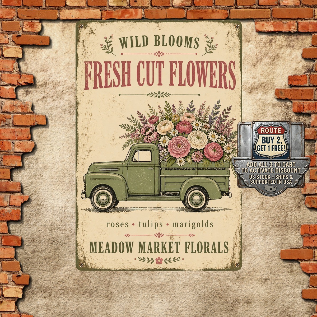 Fresh Cut Flowers Truck Bloom Metal Sign Farmhouse Flower Shop