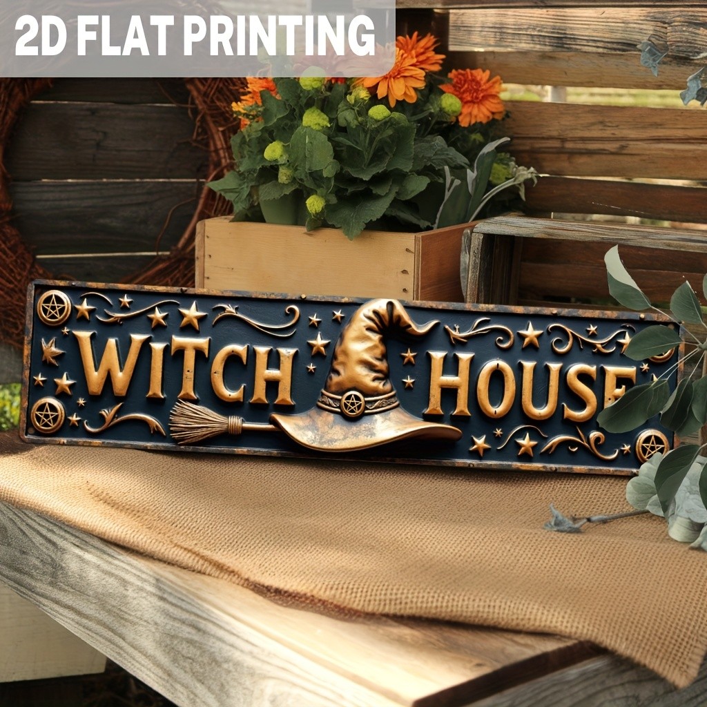 Witch House Witch Hat Broom Metal Sign Distressed Halloween Wall Decor Plaque