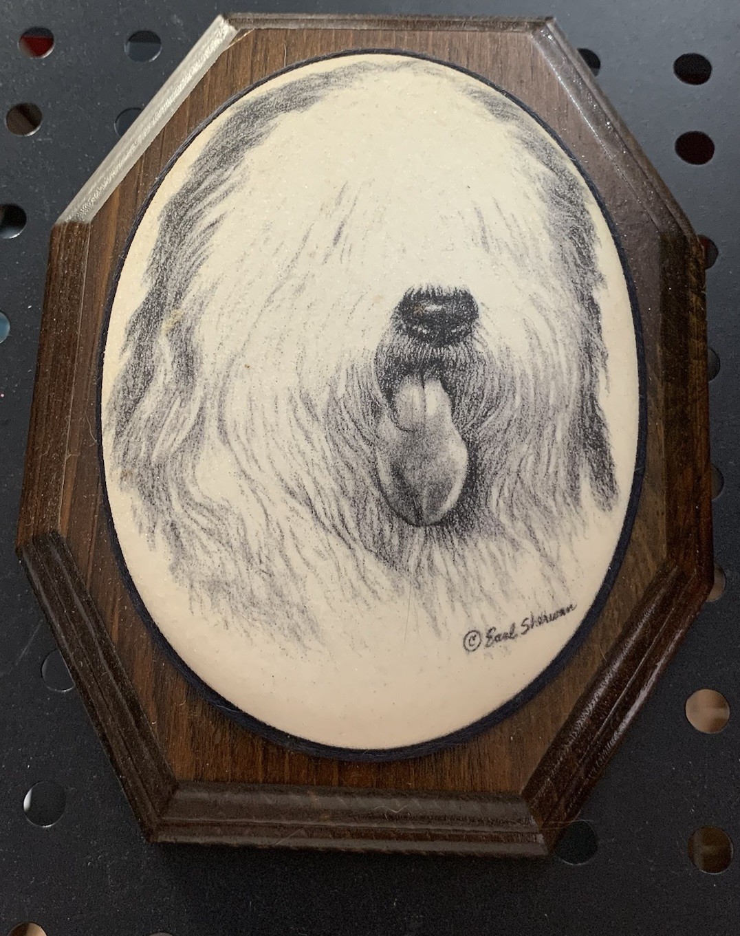 Vintage EARL SHERWAN English Sheepdog Etching Sand Wood Wall Plaque 7x 5.5″ Dog