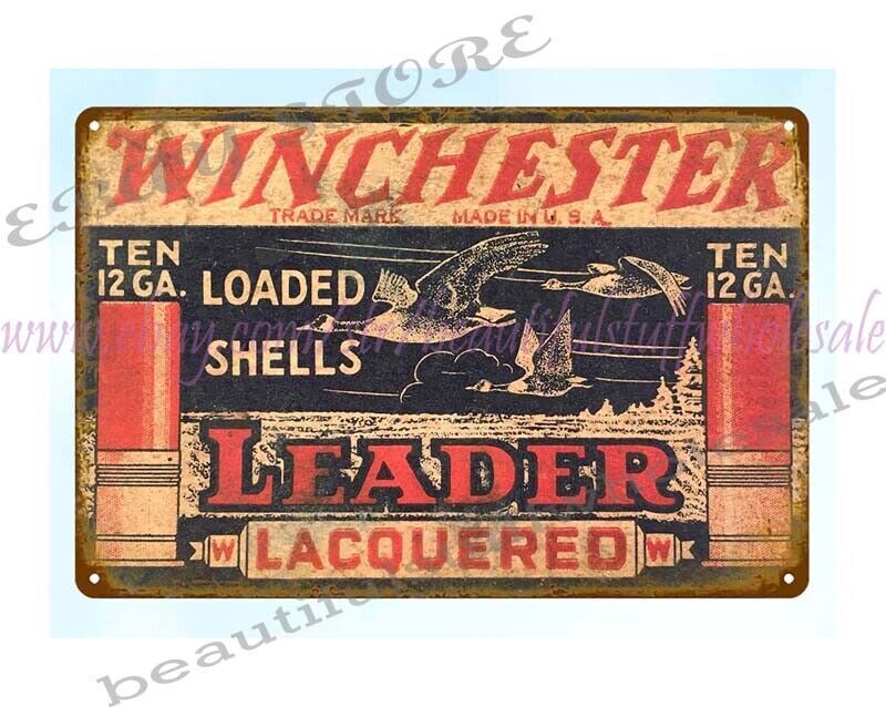 Leader loaded shells lacquered 12 Ga ammo hunting metal tin sign hunting ammogun