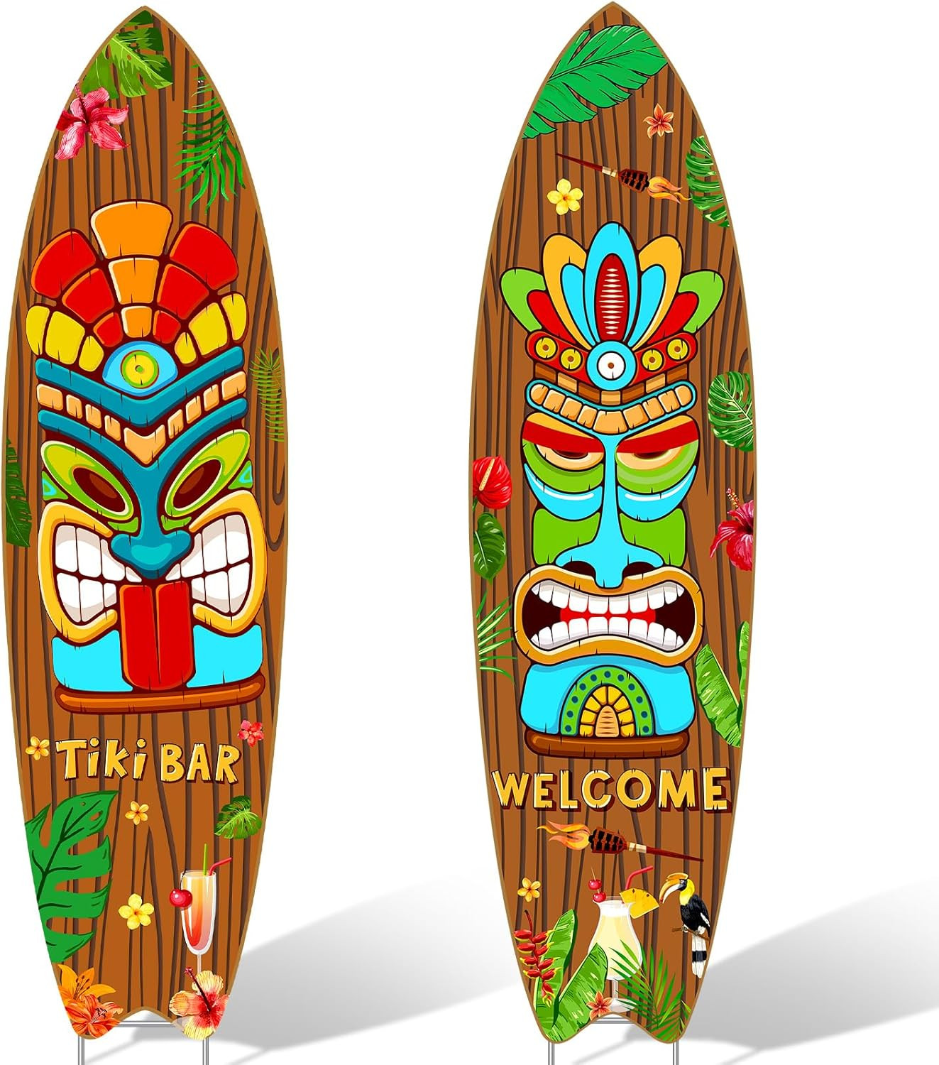2 PCS Tiki Bar Surfboard Yard Signs Surfboard Beach Signs with Stakes Hawaiian L