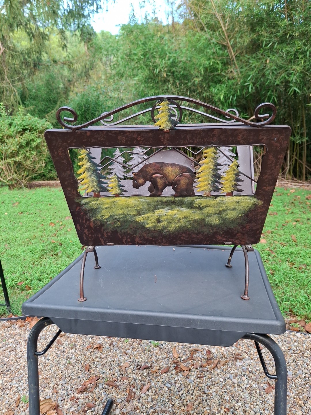 Firewood Carrier Holder Magazine Metal Silhouette Cut Out Bear Trees Cabin Woods