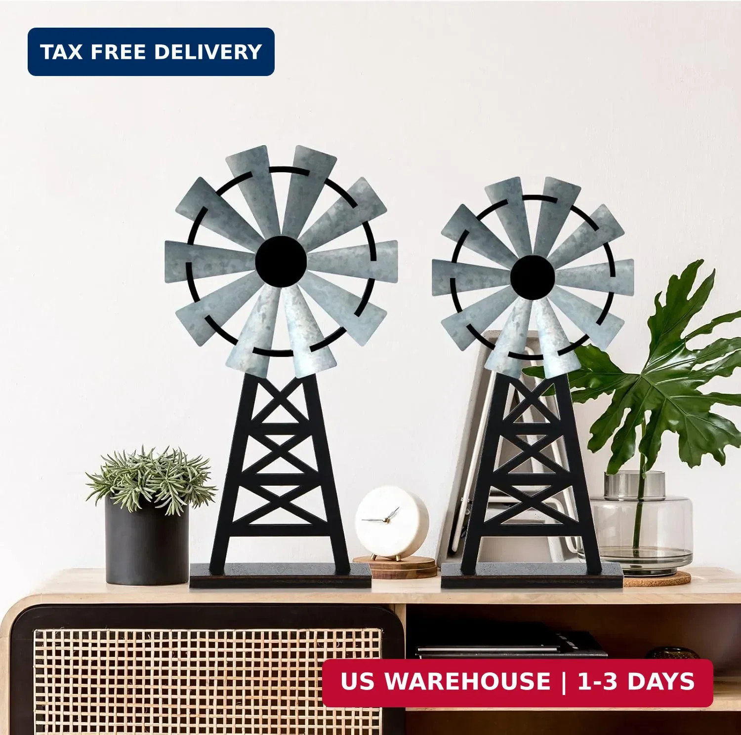 Set of 2 Wood Farmhouse Windmill Decor, Black Grey Rustic Table Top Decor | Dist
