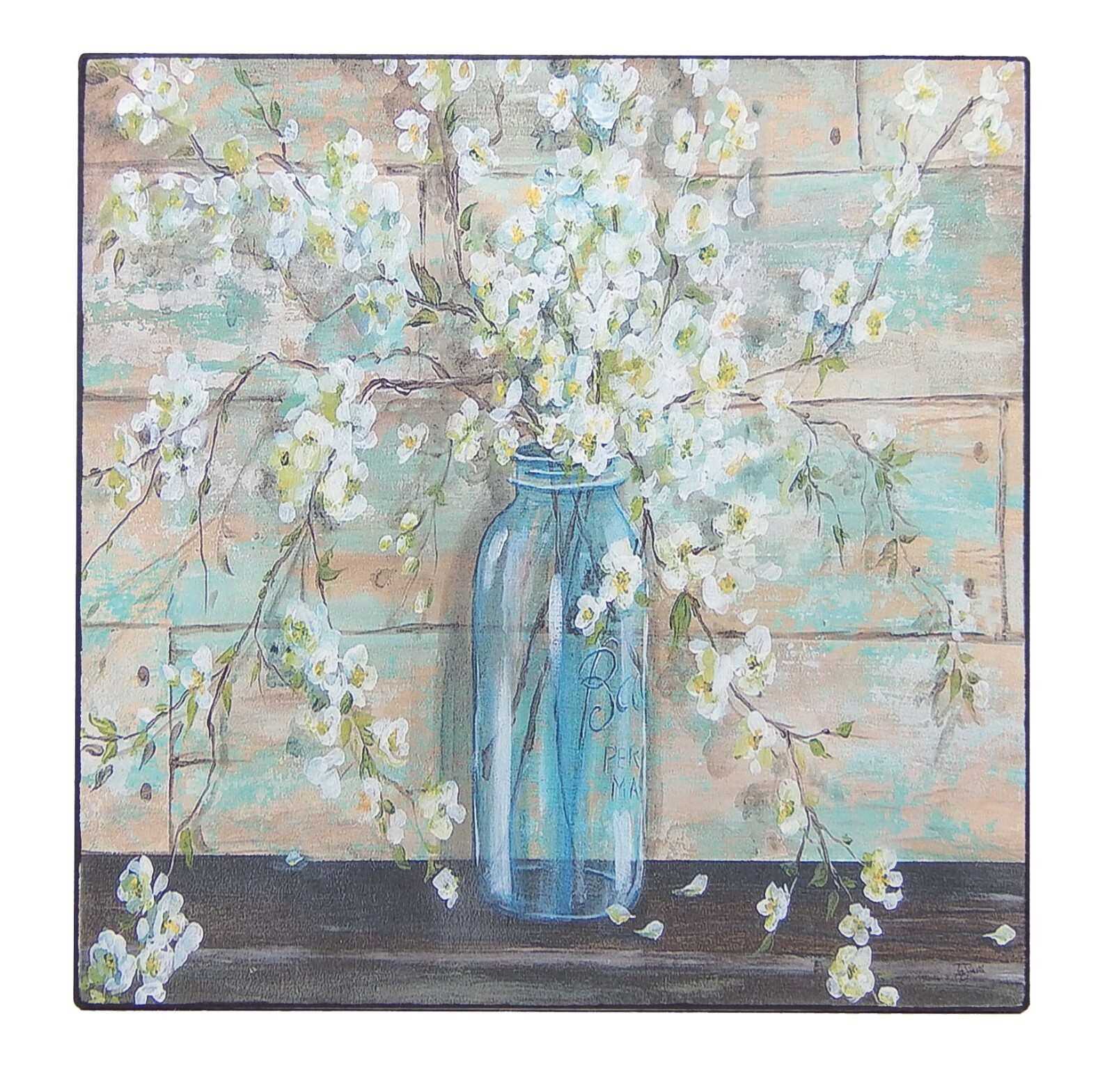 Blossoms In Mason Jar Botanical Sign Shelf Sitter Wall Art Decor Print 5″x5″