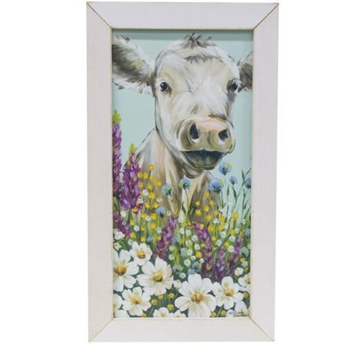 New Farmhouse SPRING WILD FLOWER WHITE COW PICTURE Rustic Barn Wood Frame