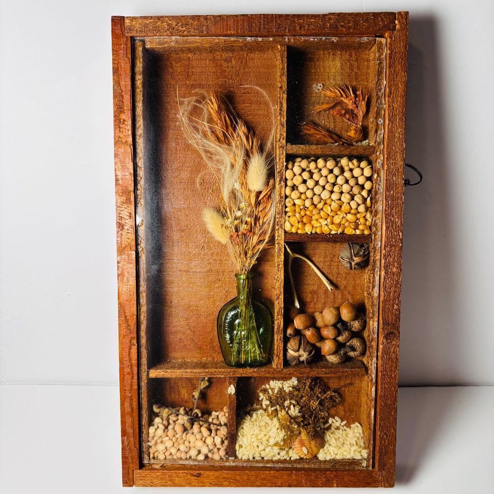 Vintage 1970s Handmade Rectangle Farmhouse Shadow Box Seeds Flowers Collage MCM