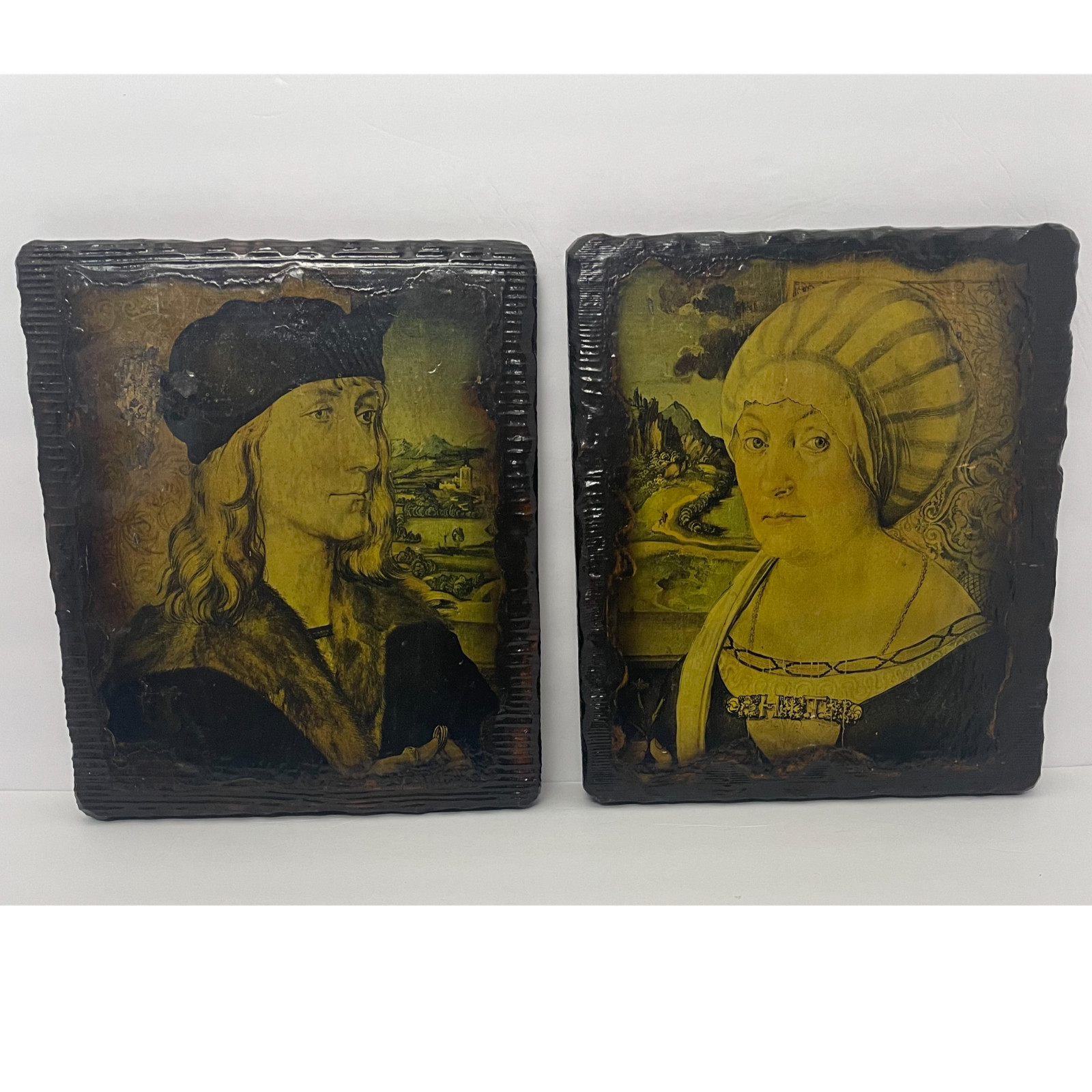 Vintage Wood Portrait Wall Plaque Set Renaissance Old World Decor Pair
