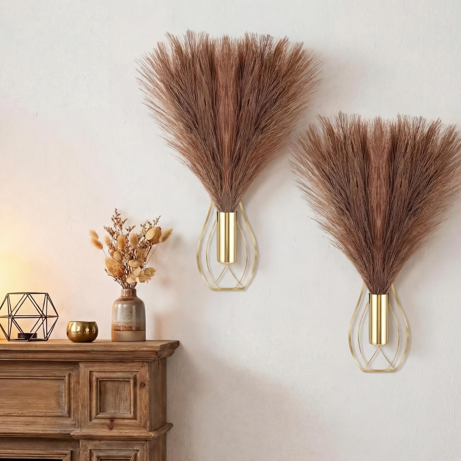 2 Pieces Hanging Plant Wall Decor with Artificial Pampas Grass Metal Hanging …