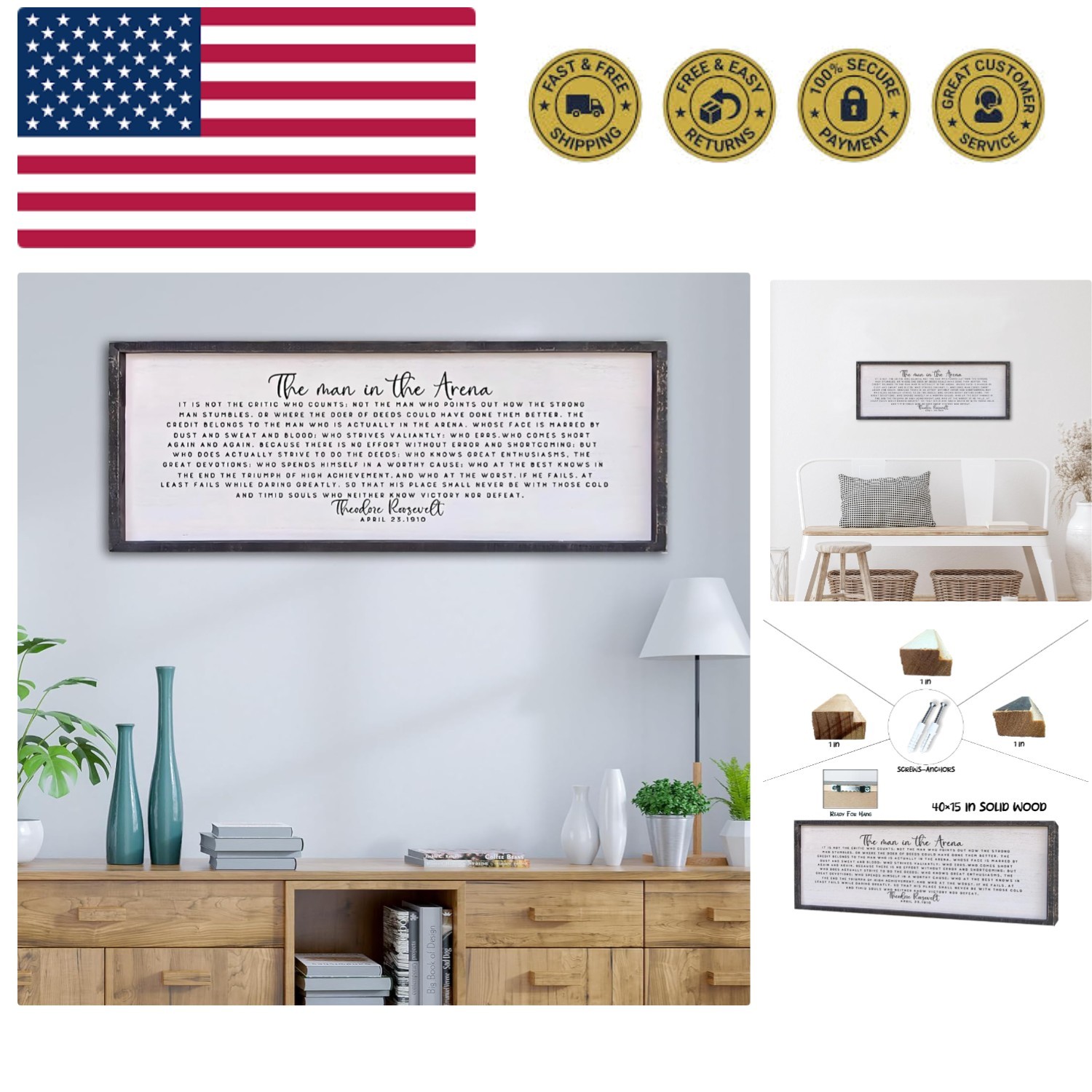 The Man In The Arena Wall Decor 40″x15″ Morden Office Motivational Wood Frame…