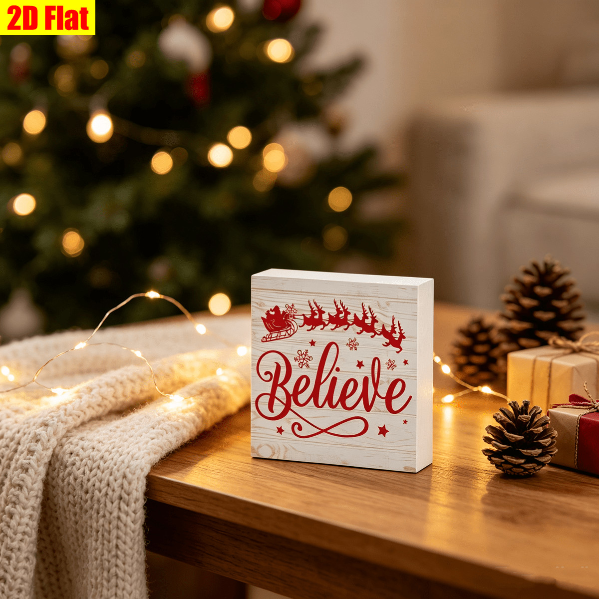 Believe Santa Sleigh Wooden Box Sign Indoor Winter Table Ornament Decoration