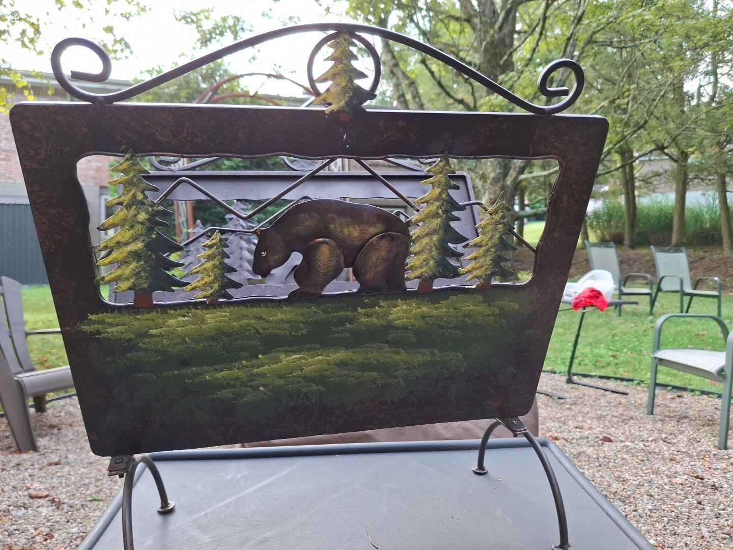 Firewood Carrier Holder Magazine Metal Silhouette Cut Out Bear Trees Cabin Woods
