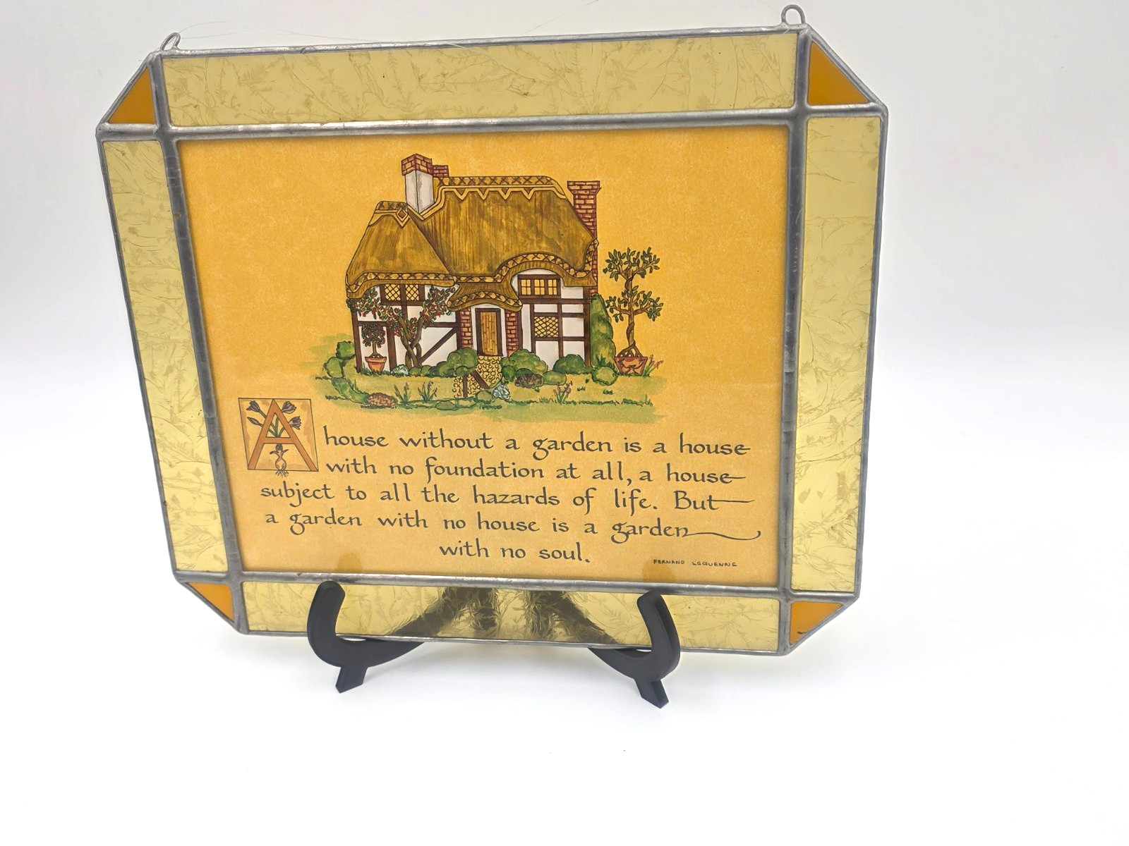 Fernand Lequenne Quote Plaque Stained Glass Style Panel Garden Cottage Decor