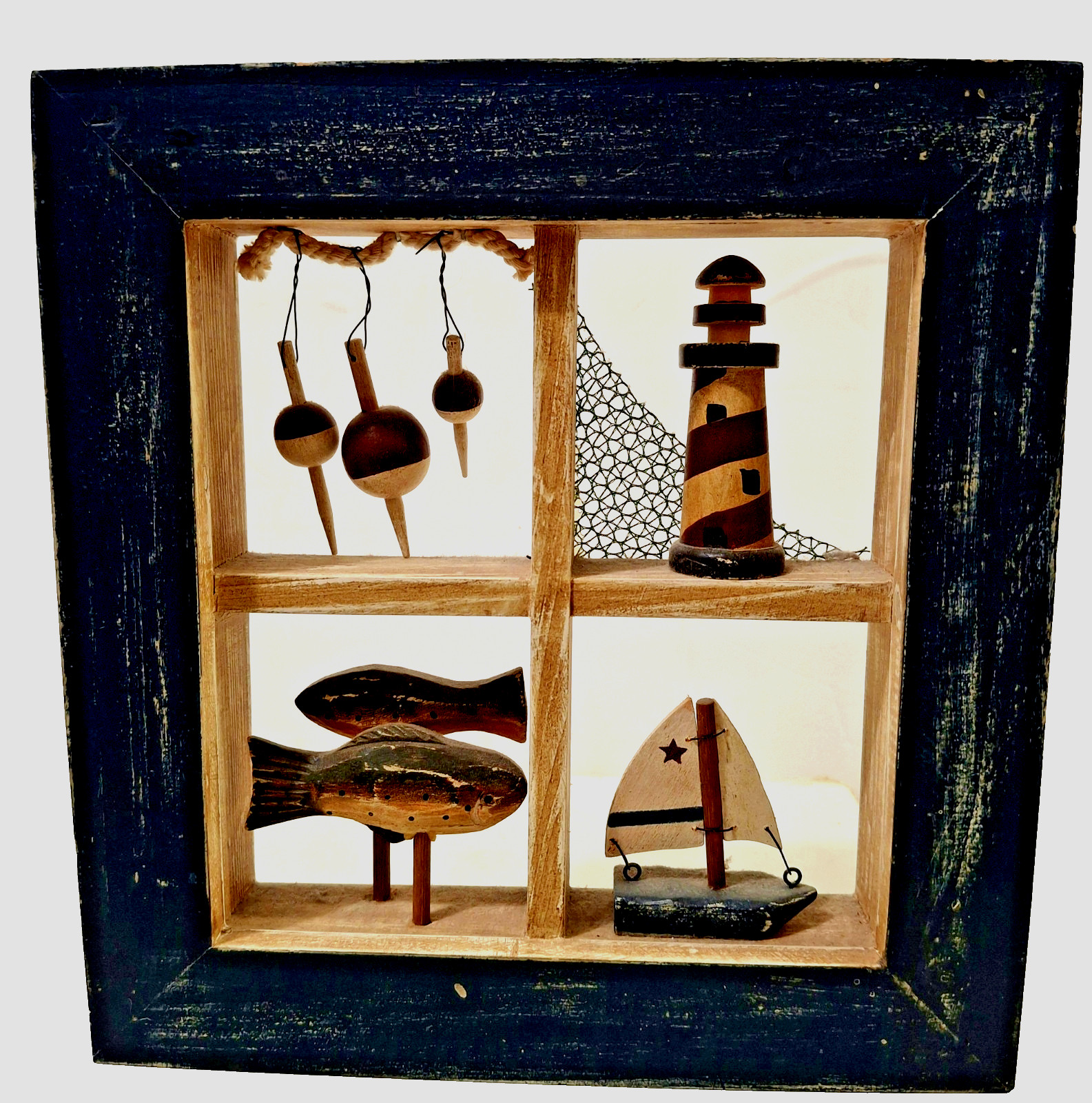 VTG Nautical/Coastal Wooden Shadow Box Wall Hanging Blue Distressed Frame Rustic