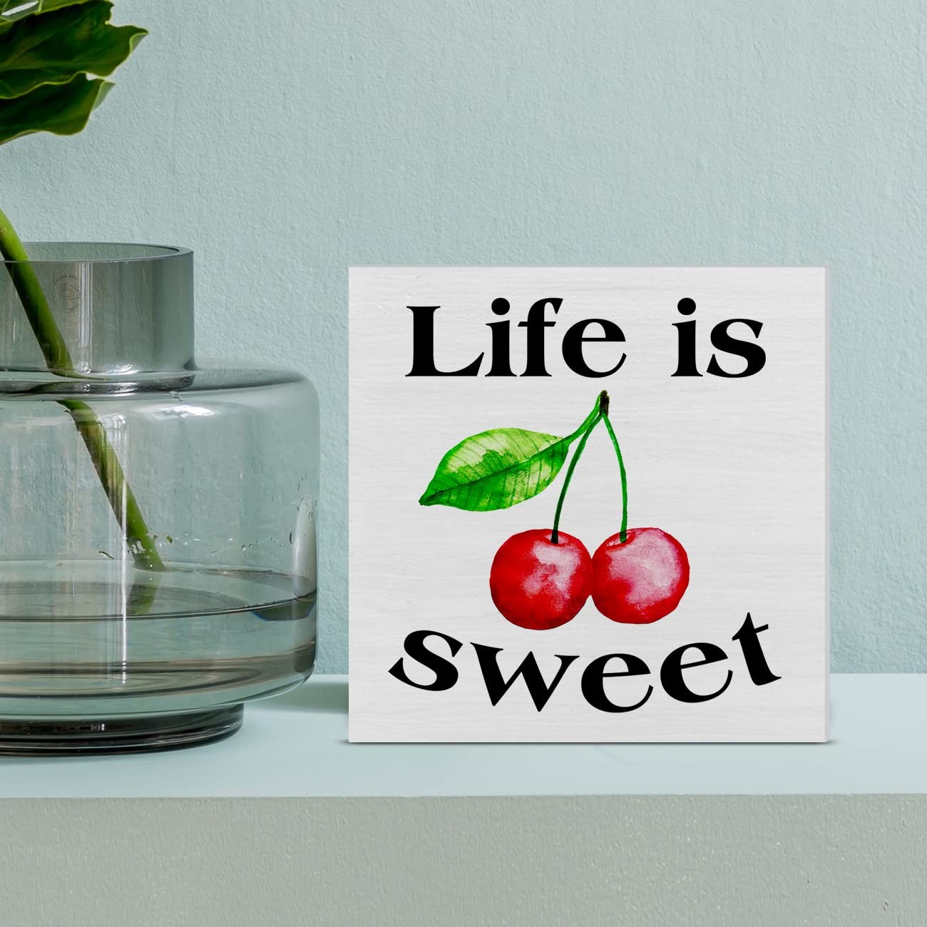 Summer Cherry Wooden Box Sign Life is Sweet Wood 5″L x 5″W, polychrome