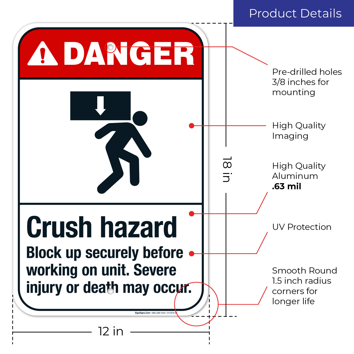 Crush Hazard Block Up Securely Before Working On Unit Sign, ANSI Danger Sign,