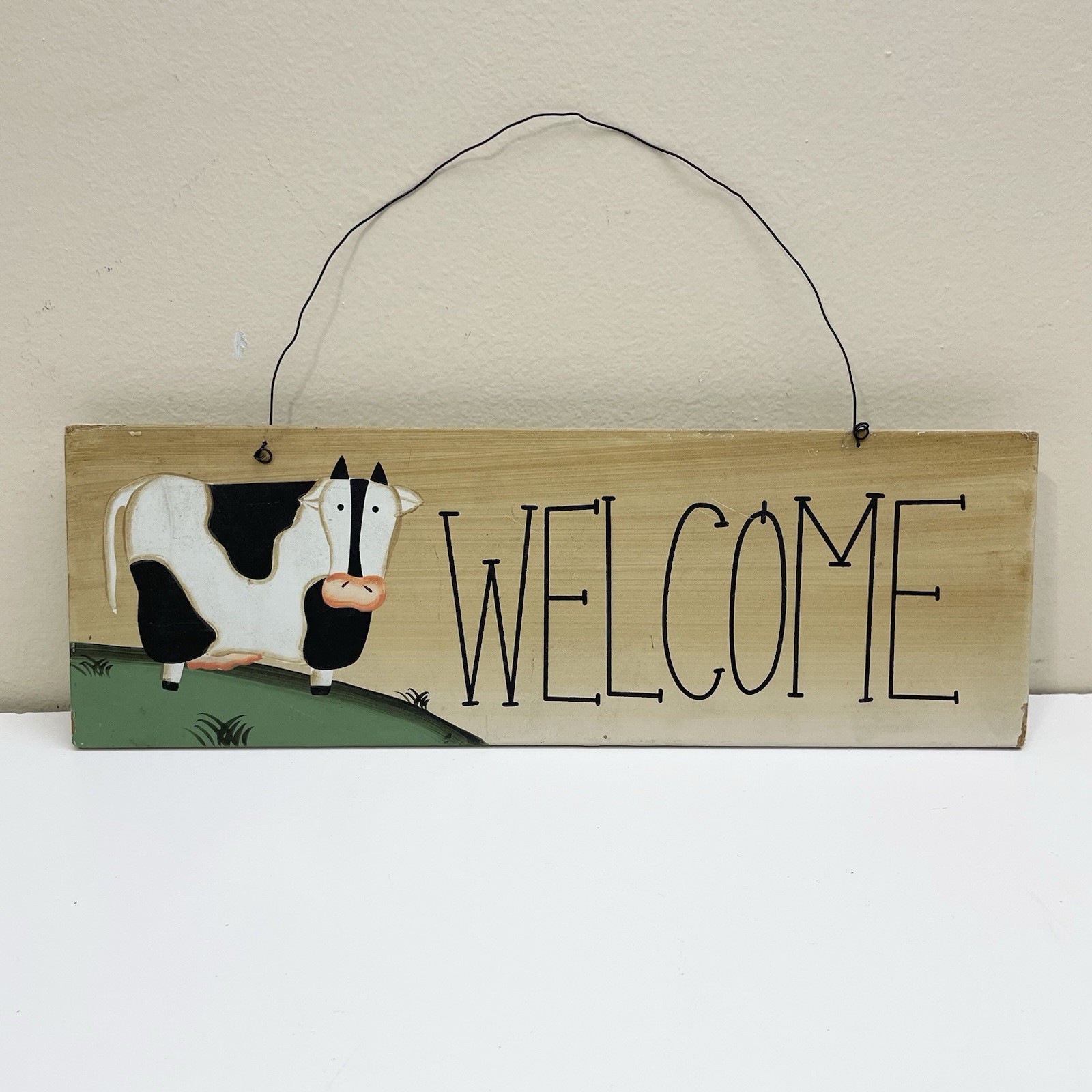 Black And White Cow Hanging Welcome Sign Wood 11.75” x 4” Country Decor Farm