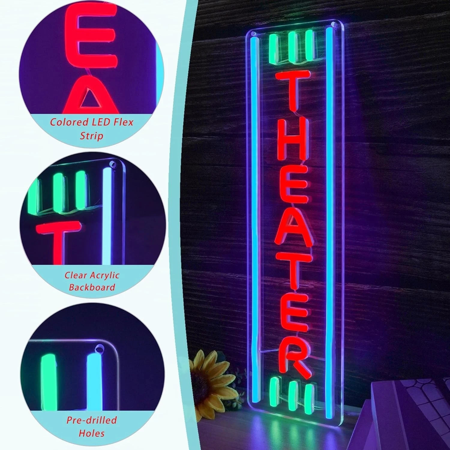 Theater Neon Sign Dimmable LED Movie Night Signs for Wall Decor Home Theater Acc