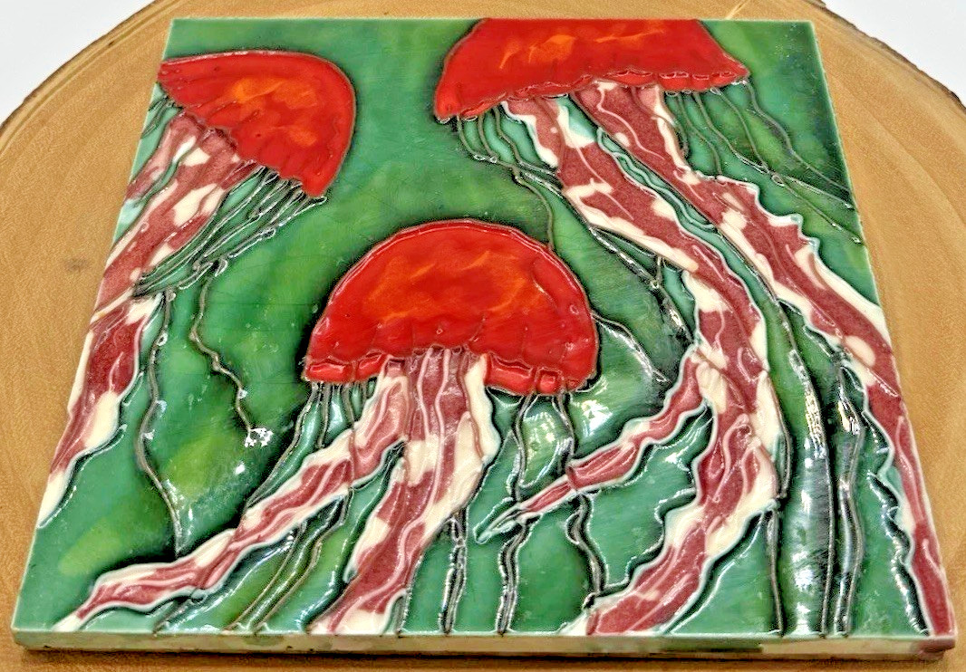 Colorful Art Tile Red Jellyfish Sea Life/Ocean Decorative Ceramic Signed 8″X8″
