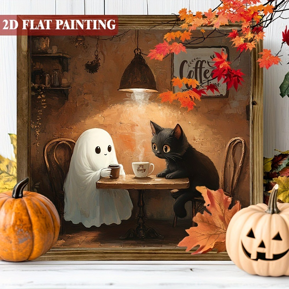 Halloween Ghost Black Cat Coffee Fall Maple Wooden Sign Farmhouse Home Decor