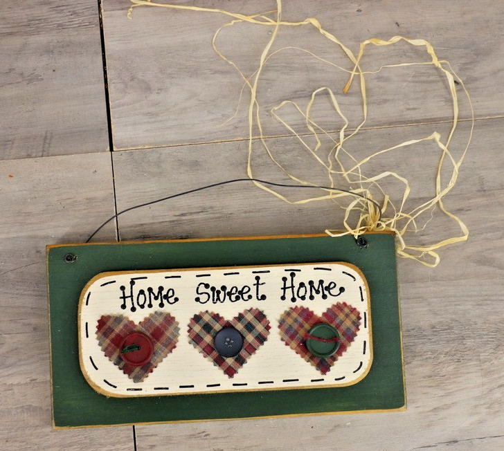 Vintage Home Sweet Home Wooden Wall Hanging Plaid Hearts Button Decor 8x10Rustic