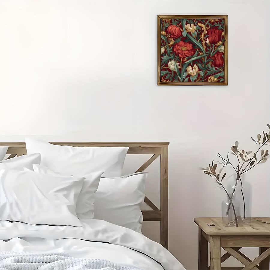 Vintage Red Floral Pattern Wooden Frame Sign Rich Red Green Botanical Wall Art
