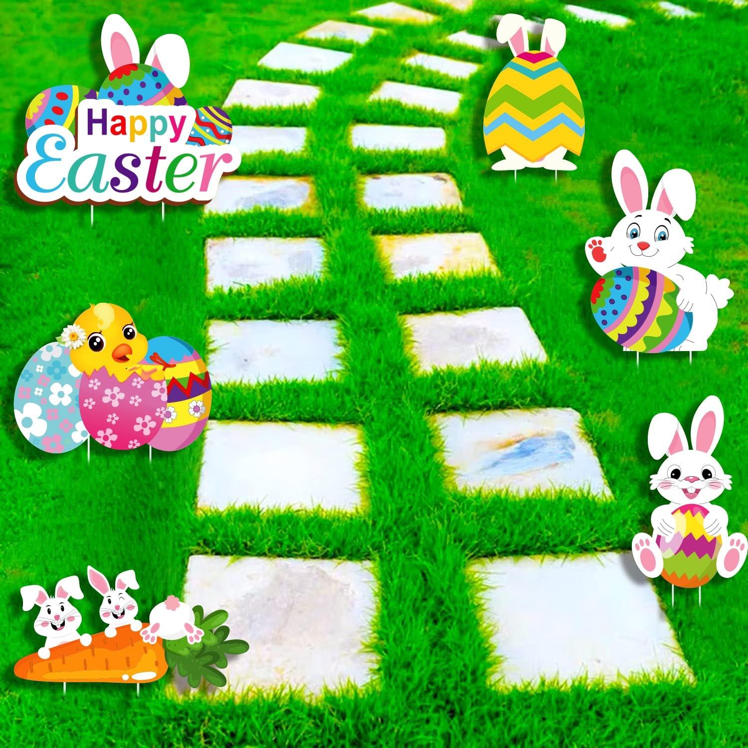 15 Inch Colorful Easter Yard Sign Cute Bunny Chick Egg Stakes Decor 6 PCS