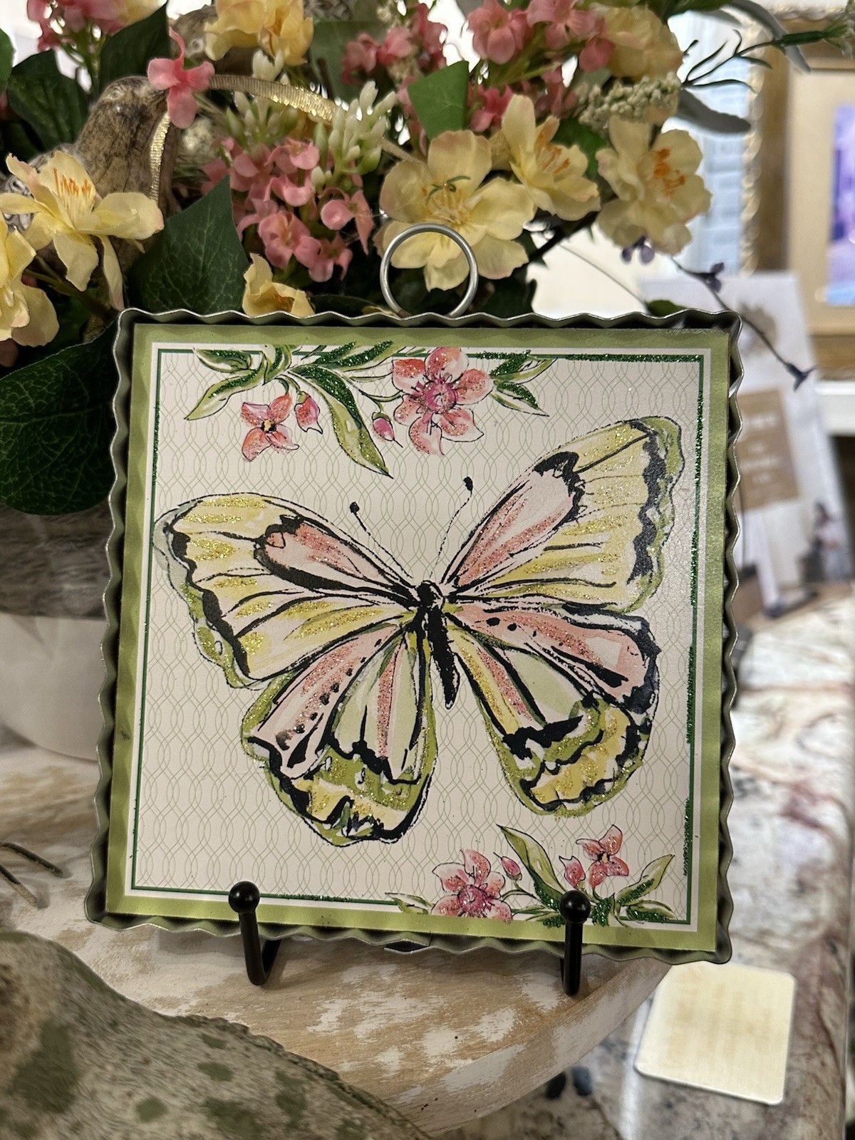 Yellow, Green, And Pink Butterfly Mini Print Round Top Collection