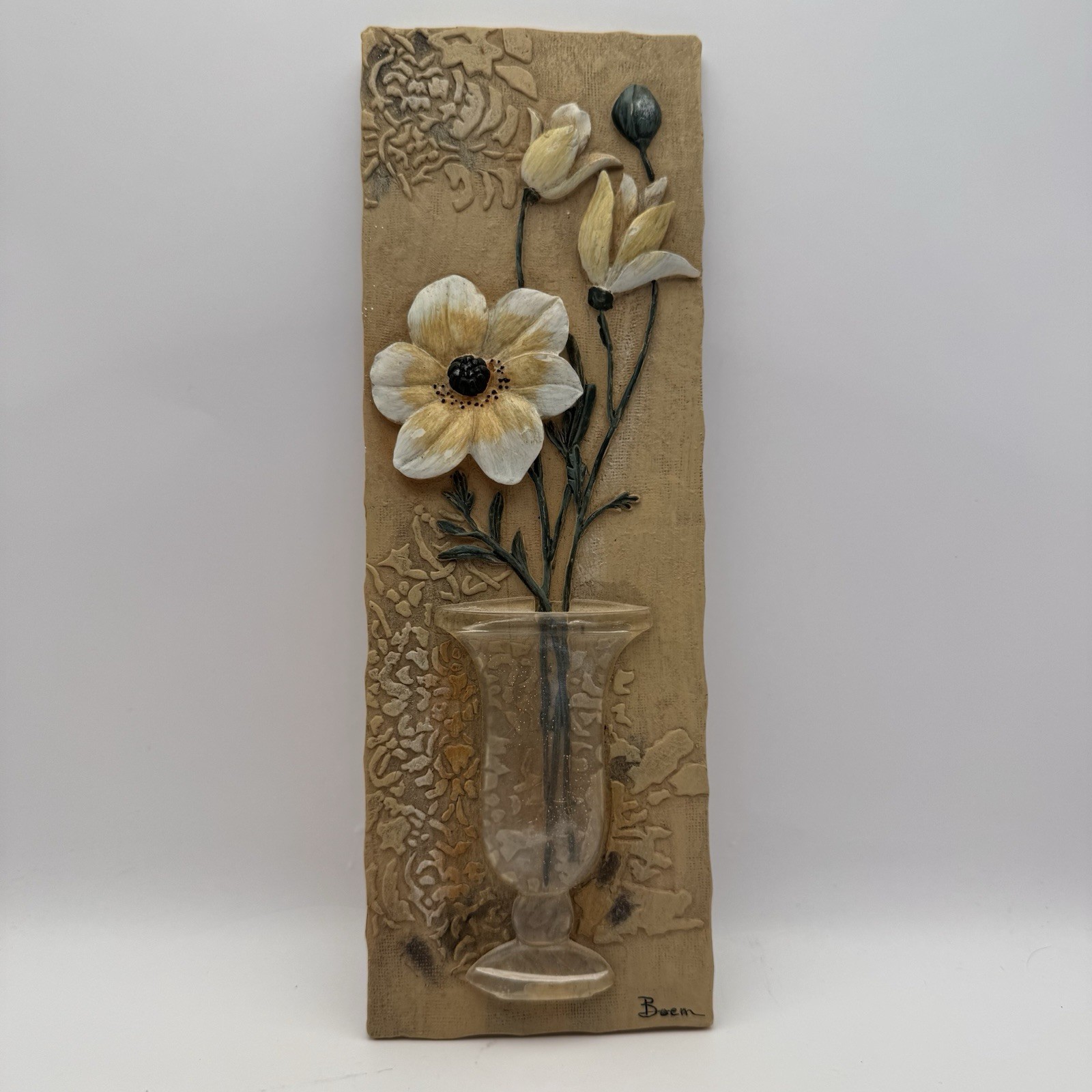 Vintage Signed Boem Flowers In A Vase 3D Wall Hangings Art Deco Plaques Set Of 2