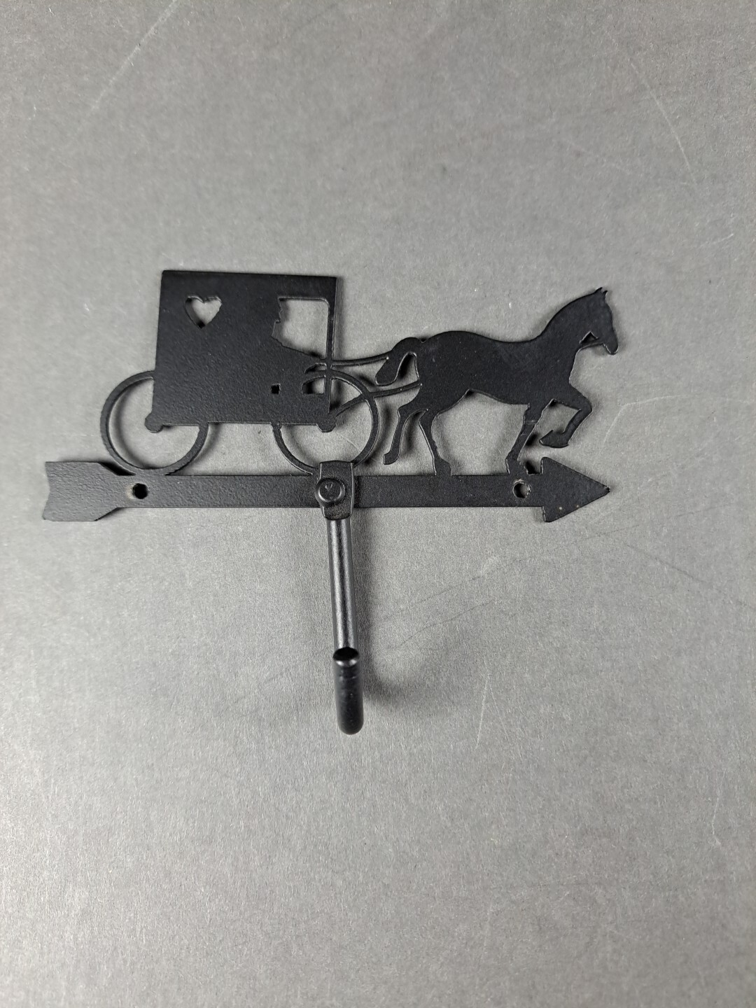 Vintage Horse & Buggy Black Metal Single Coat Hook Wall Sign w/ Heart
