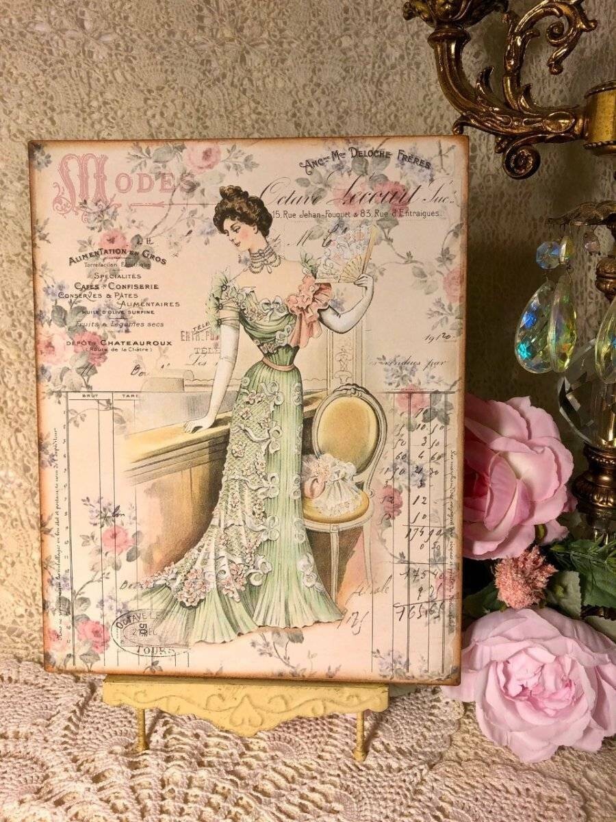 Victorian Lady Fashion Plate, French Graphics, Vintage Florals Plaque / Sign