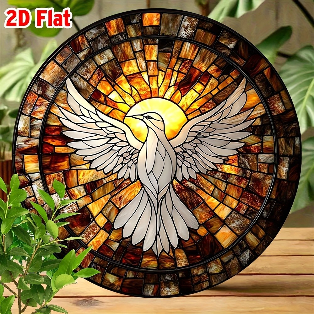 Round 8x8inch (20x20cm) Elegant Holy Spirit Dove Stained Glass Tin Metal Signs