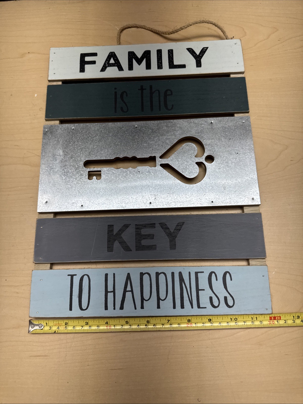 Wood Hanging Wall Sign “Family Is the Key to Happiness” 15×11 Blue/White