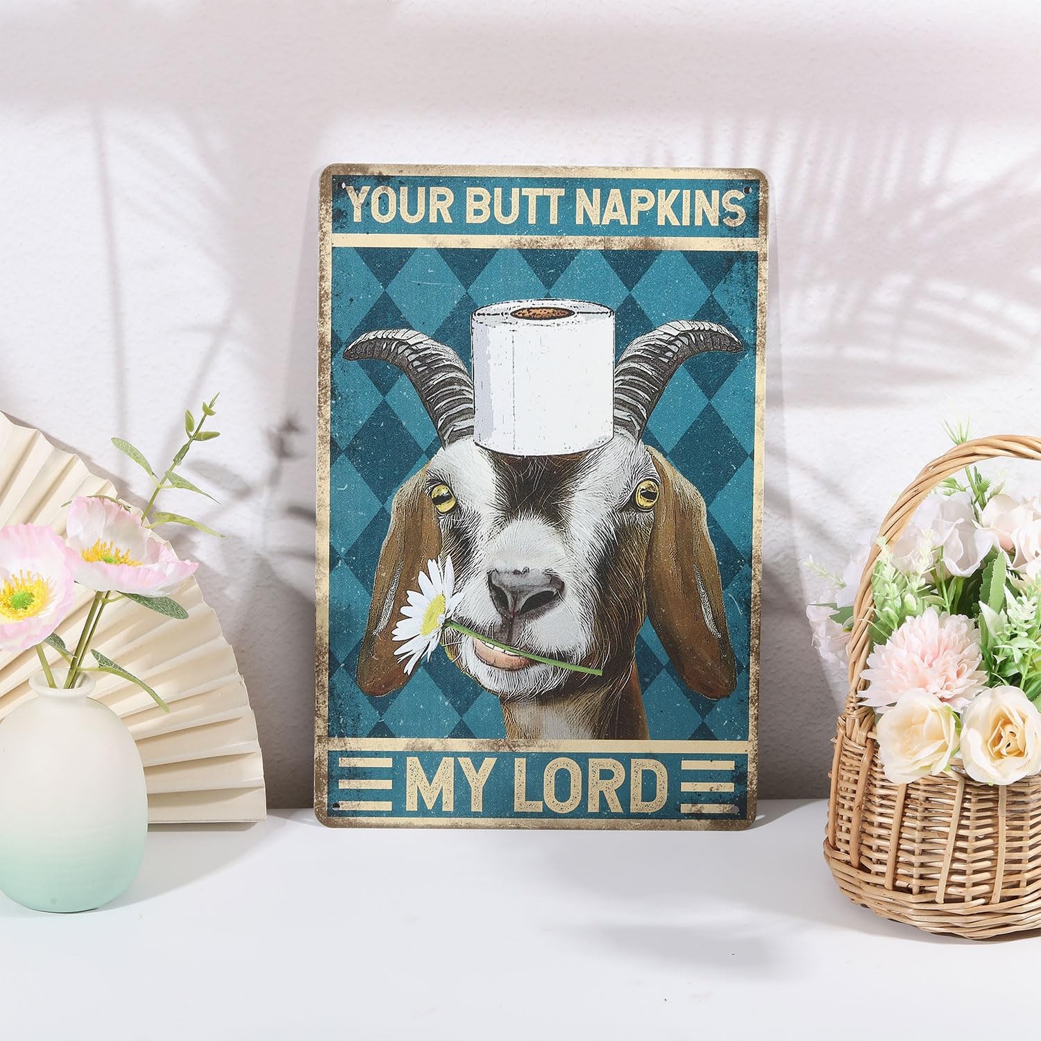 GLOBLELAND Vintage Goat and Napkins Metal 20cm x 30cm (7.9in x 12in),