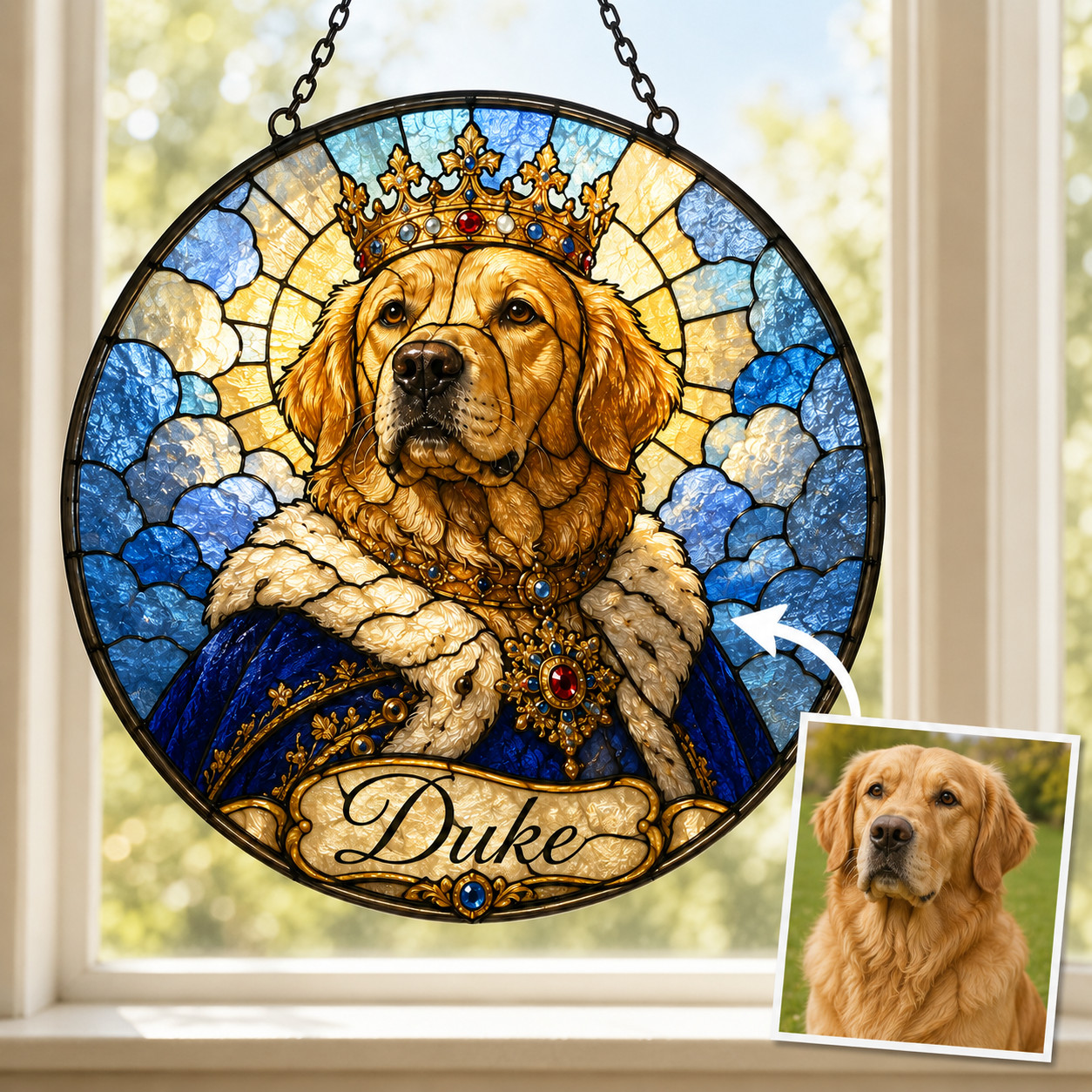 Custom Pet Photo Suncatcher Window Decor, Funny Royal Dog Hanging Stained Glas