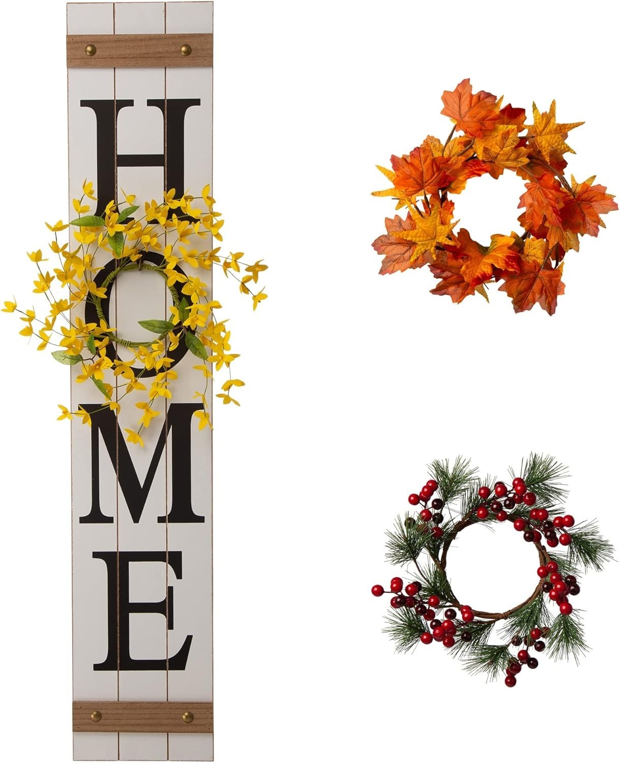 Glitzhome Wooden “HOME” Porch Sign with 3 Interchangeable Wreaths, 42” (racks)
