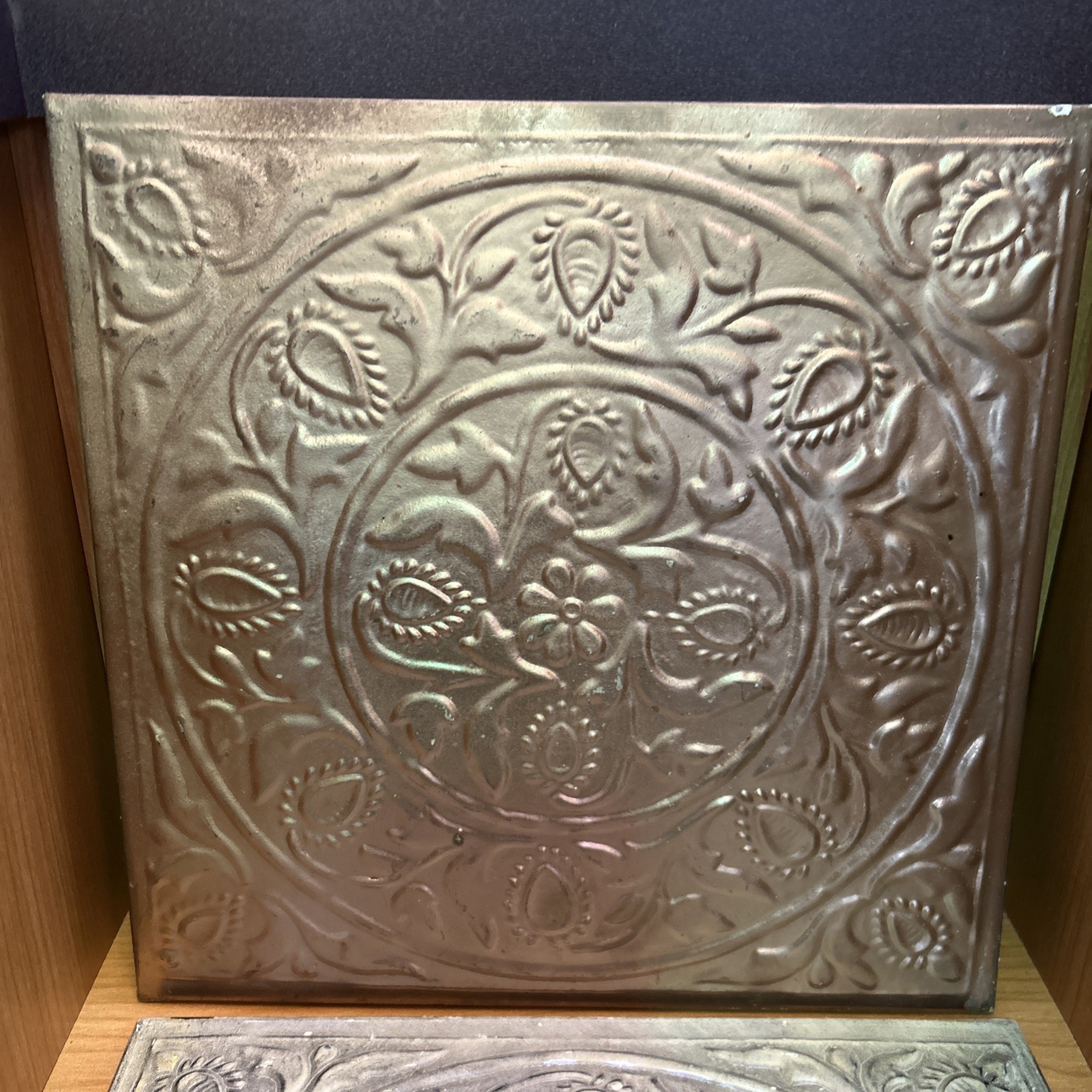 Pair Of Tin Decorative Wall Tiles Hanging 12”x12” 1 Silver And 1 Rose Gold