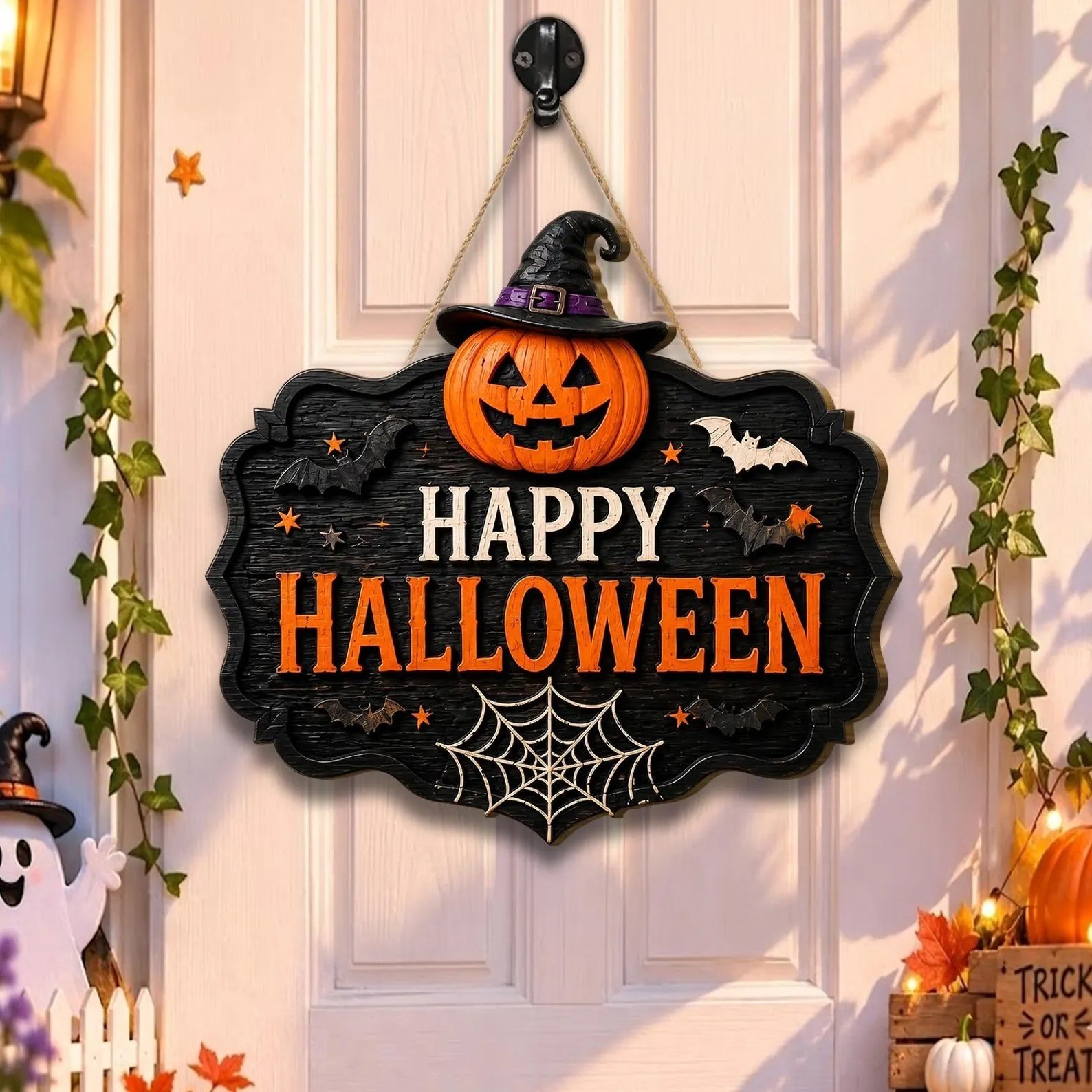 Happy Halloween Door Sign, Pumpkin Bat Welcome Plaque, Rustic Fall Porch Decor