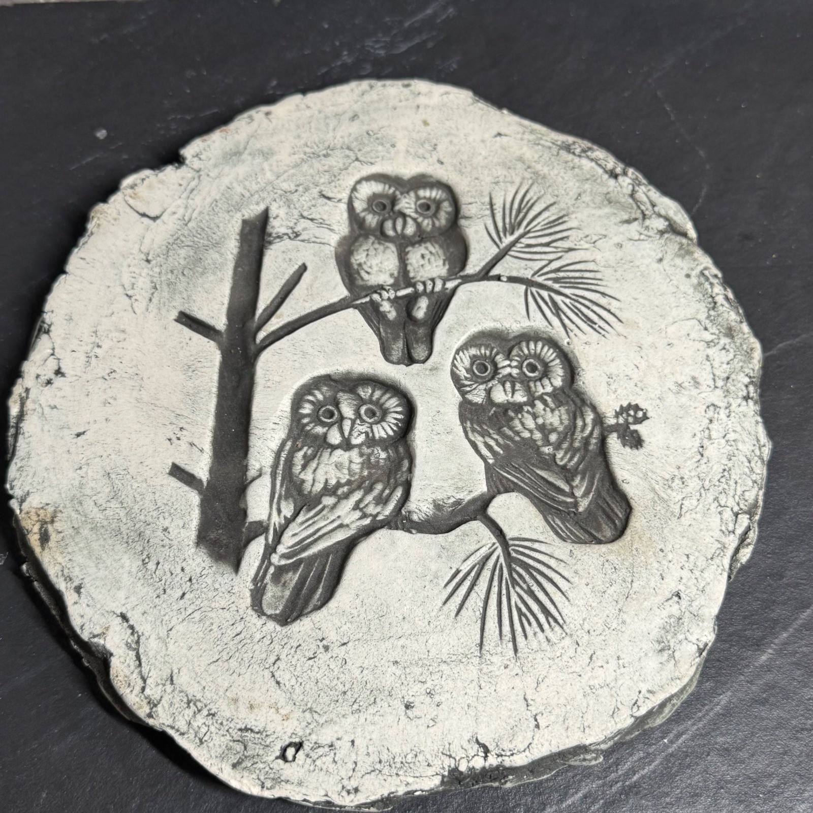 Vintage Signed Jan Three Owls on Pine Branch Stone Wall Plaque Rustic Decor 7.5″