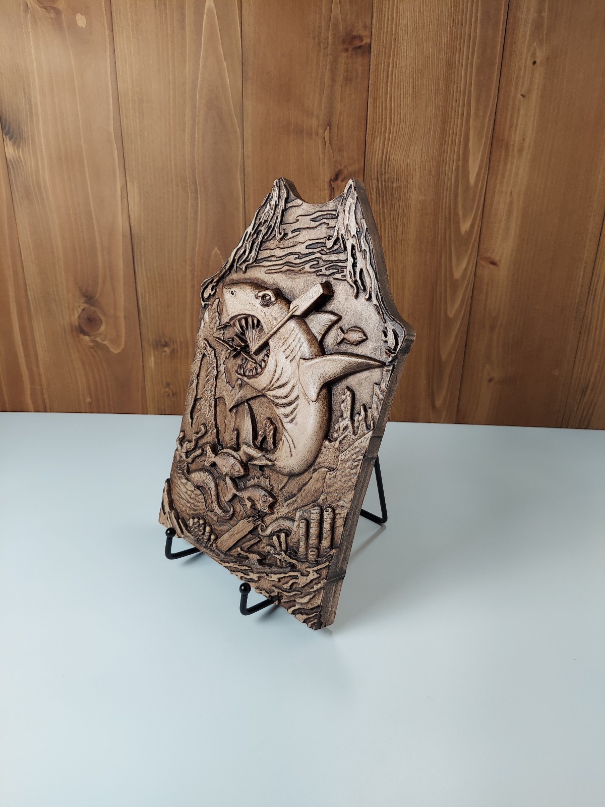 Shark Wood Wall Art, 3D Relief Carving, Handmade Maple Coastal Decor