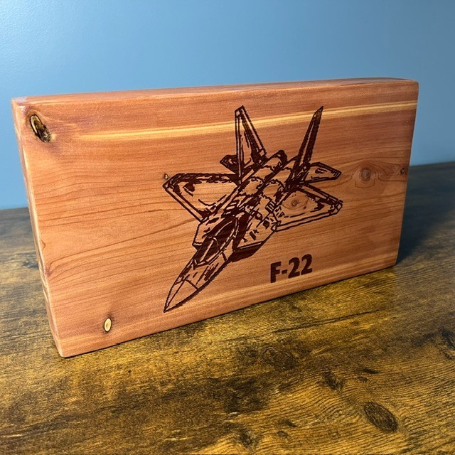 F-22 Raptor Laser Engraved on Red Cedar Wood