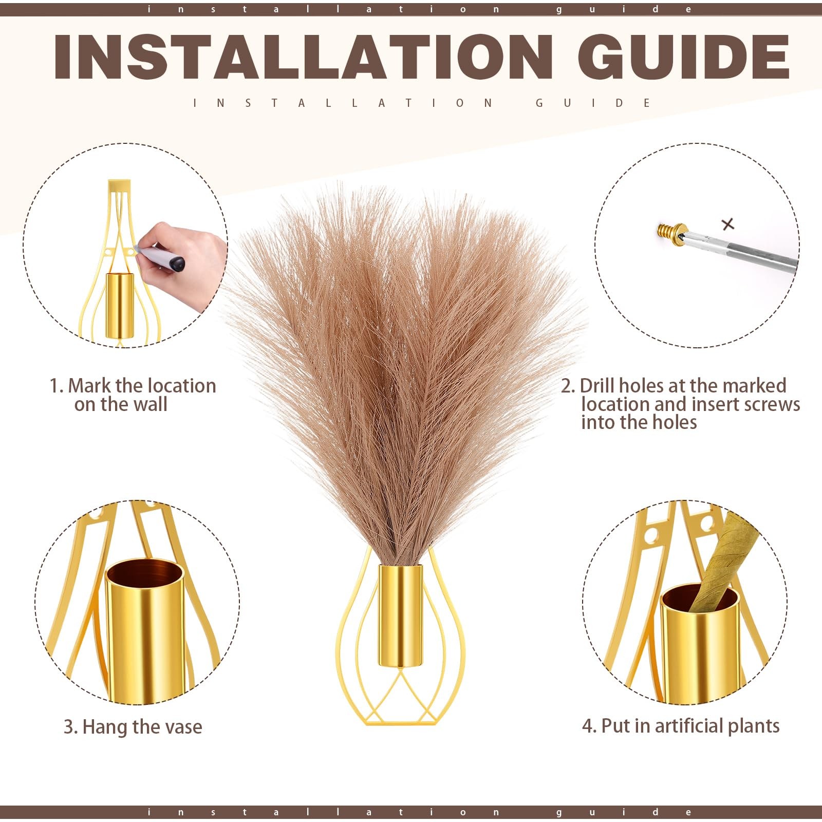 2 Pieces Hanging Plant Wall Decor with Artificial Pampas Grass Metal Hanging …