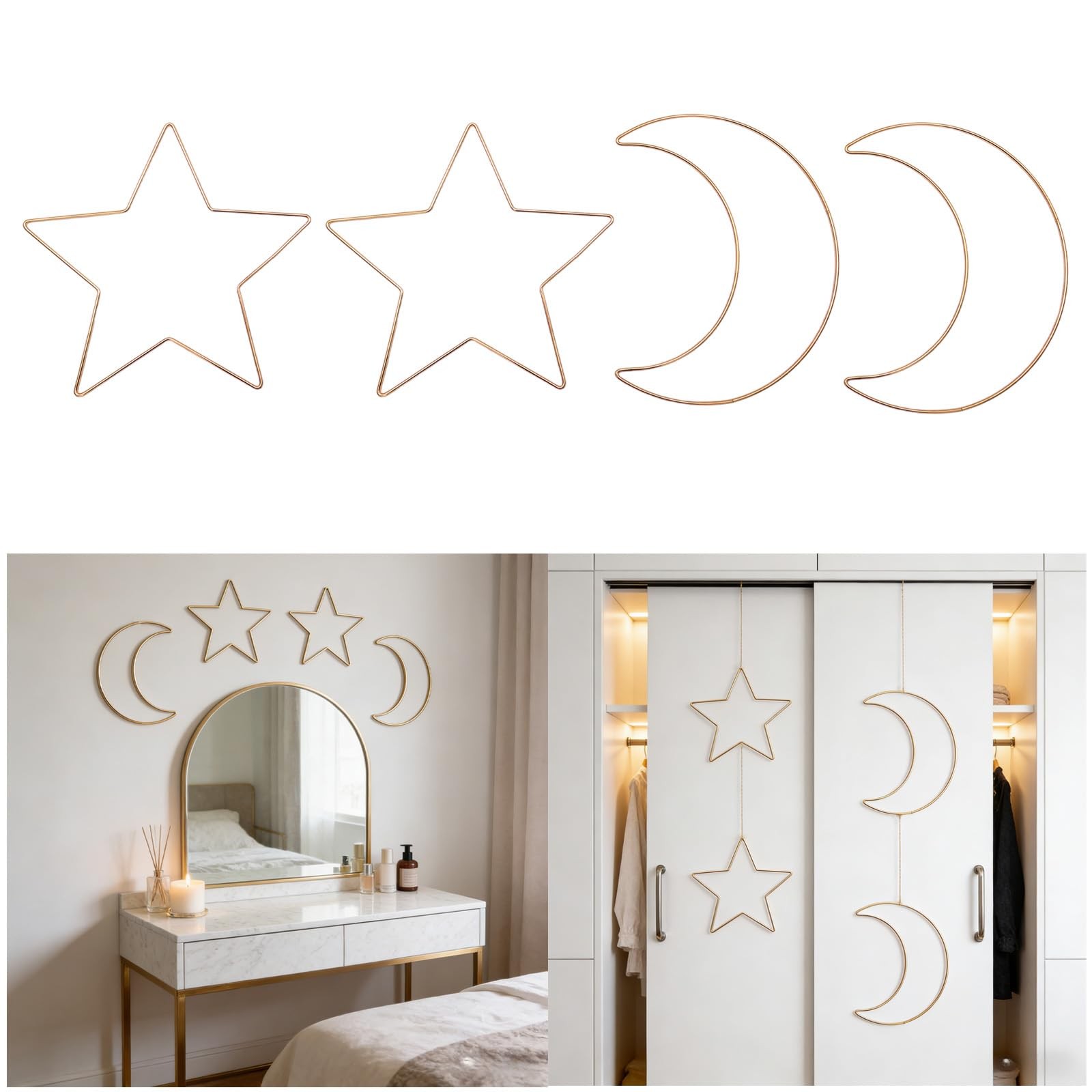 4Pcs Metal Rose Gold Star and Moon Wall Art, 10″ Dream Rustic Minimalist Hang…