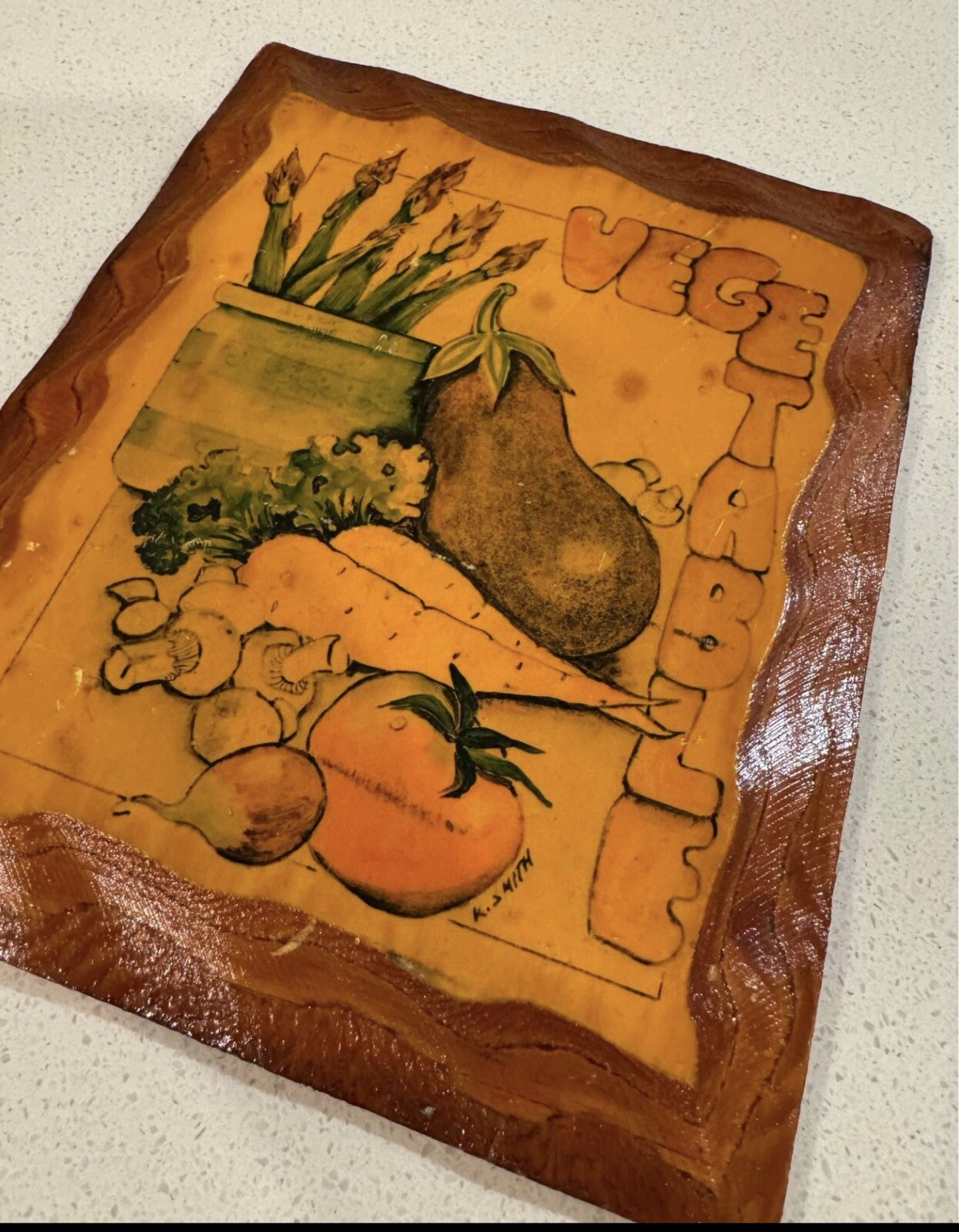 Vintage Boho 1970s Vegetables Wooden Wall Plaque, 9.5 X 11.5 inches