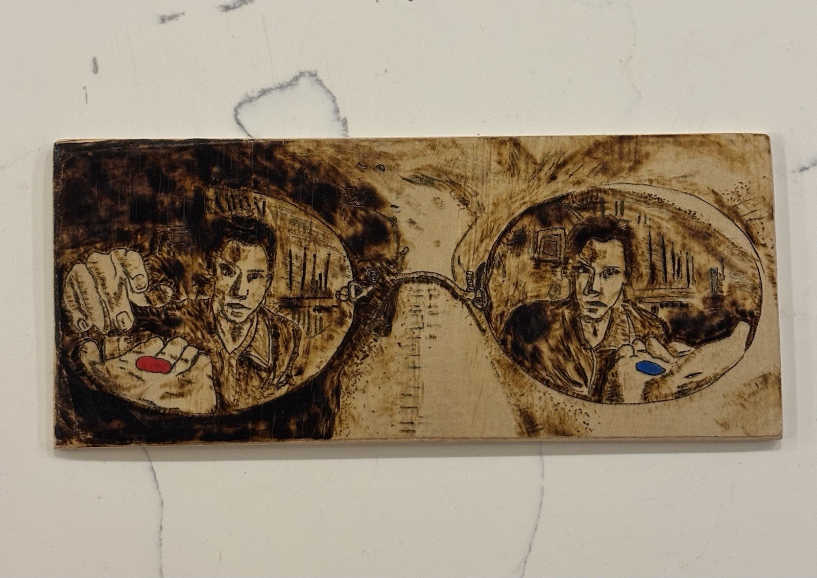 Hand Burned Wood Art Red Blue Pill Matrix Inspired Pyrography 3.75×9 • Neo