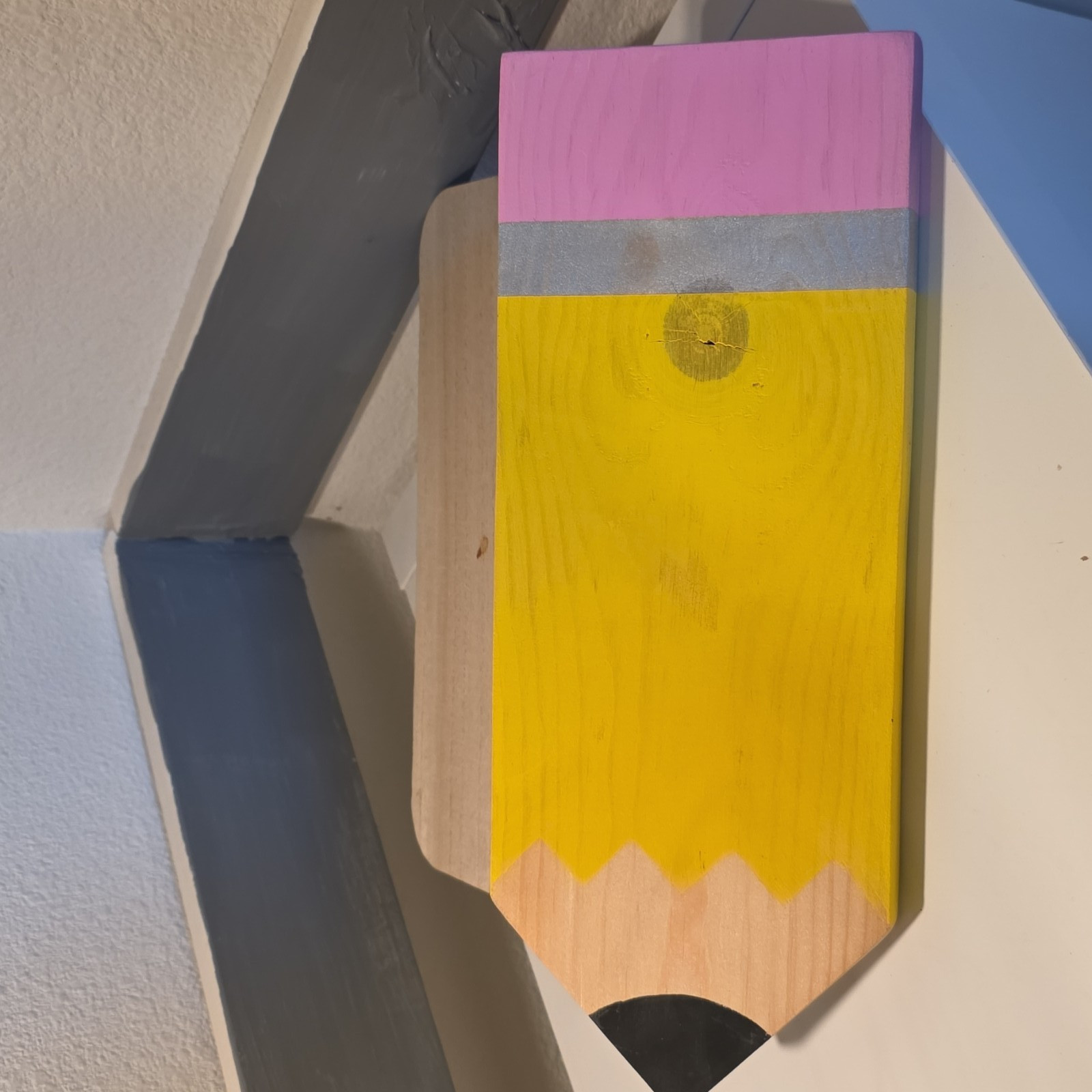 Wood Painted Pencil-Shaped Decorative Plaque Sign, Yellow Pink Gray Black