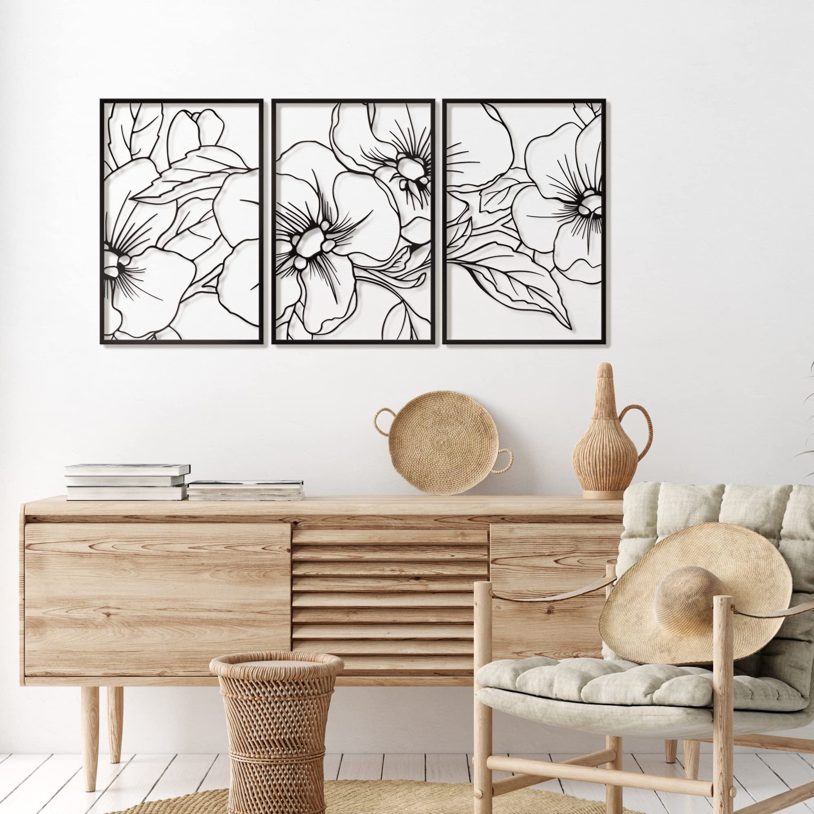 3 PCS Black Minimalist Floral Single Line Metal Wall Art 18×12 Inch Pot