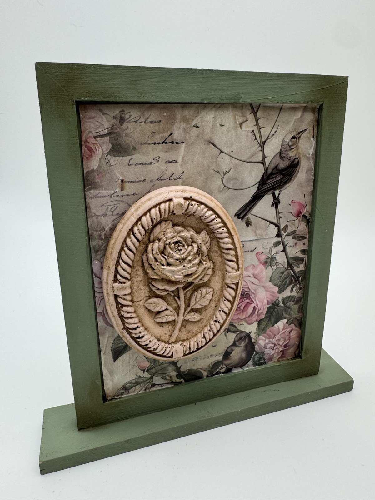 Vintage Bird Rose Shelf Sitter Sage Green Farmhouse Cottage Decor 6×6